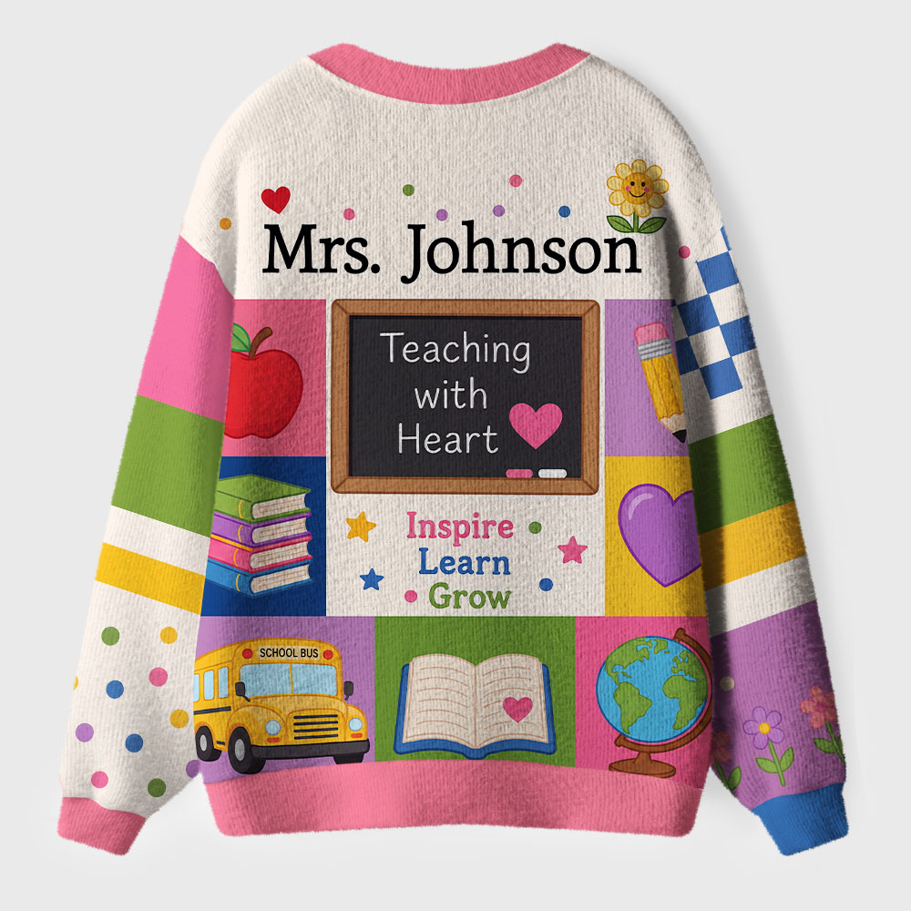 Personalized Name Apple Pencil Splicing Design Teacher Ugly Cardigan Sweaters