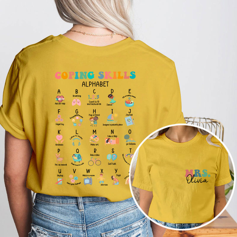 Personalized Name Coping Skills Alphabet Teacher Two Sided T-Shirt