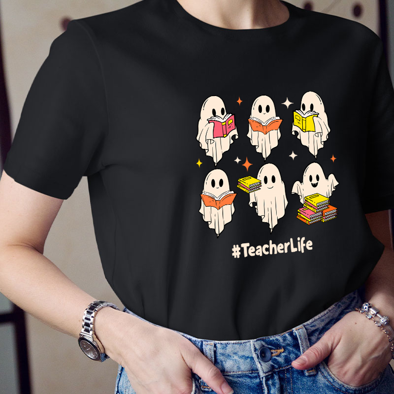 Cute Ghosts Read Books Teacher T-Shirt