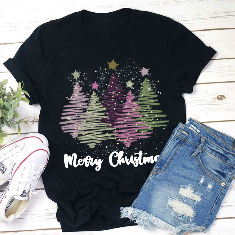Merry Christmas Colorful Trees Teacher T-Shirt
