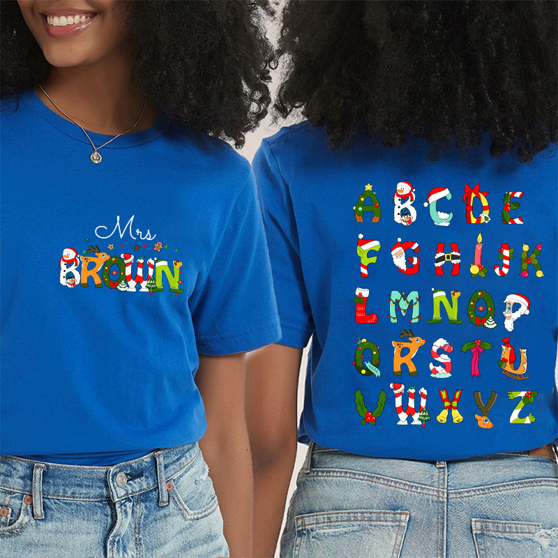 Personalized Name Christmas Alphabet Teacher Two Sided T-Shirt