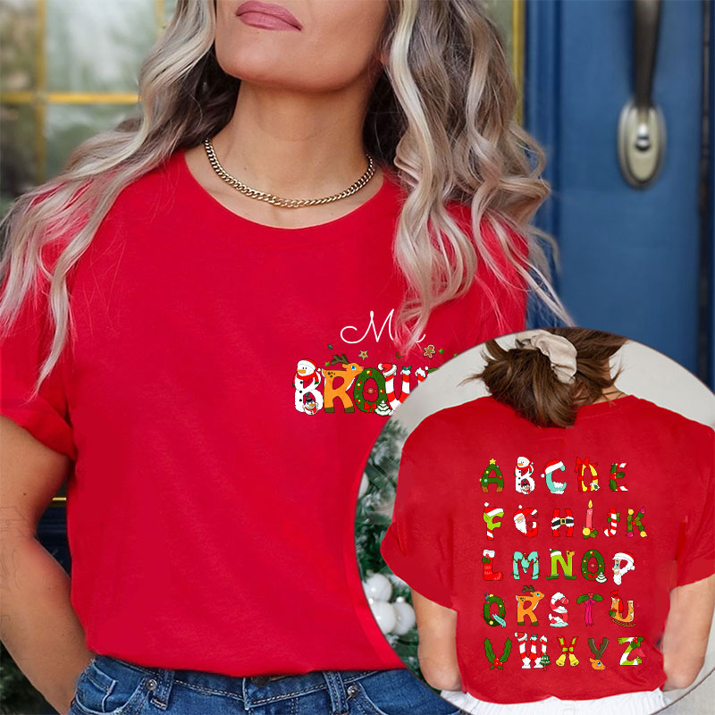 Personalized Name Christmas Alphabet Teacher Two Sided T-Shirt