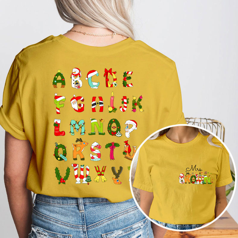 Personalized Name Christmas Alphabet Teacher Two Sided T-Shirt