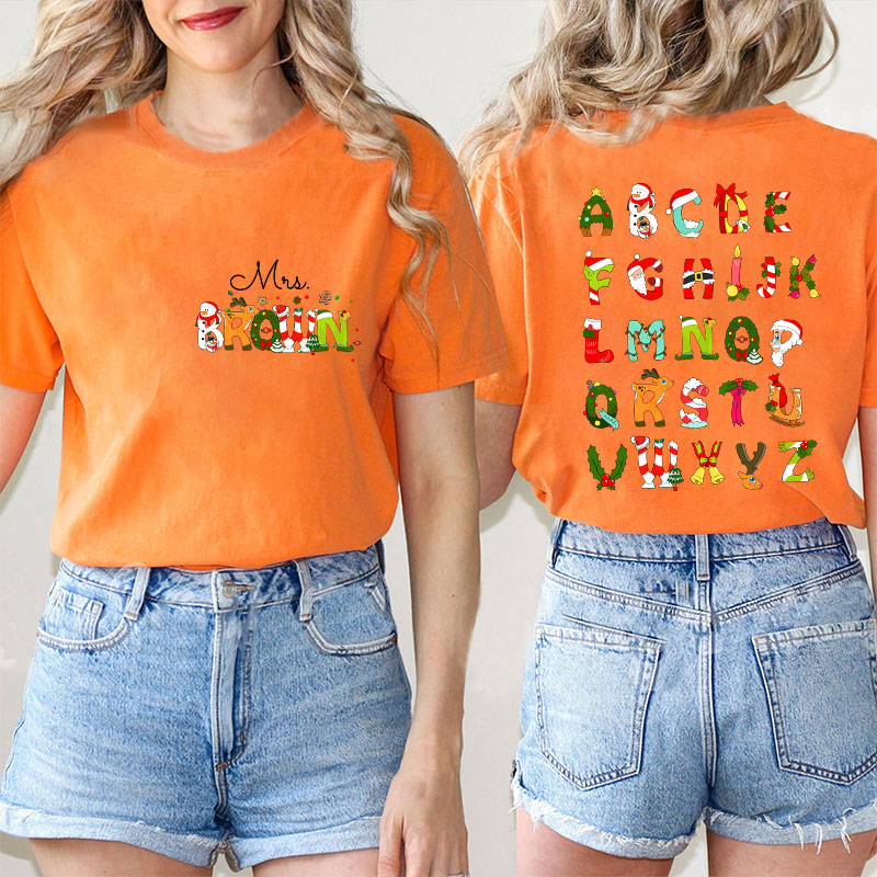 Personalized Name Christmas Alphabet Teacher Two Sided T-Shirt