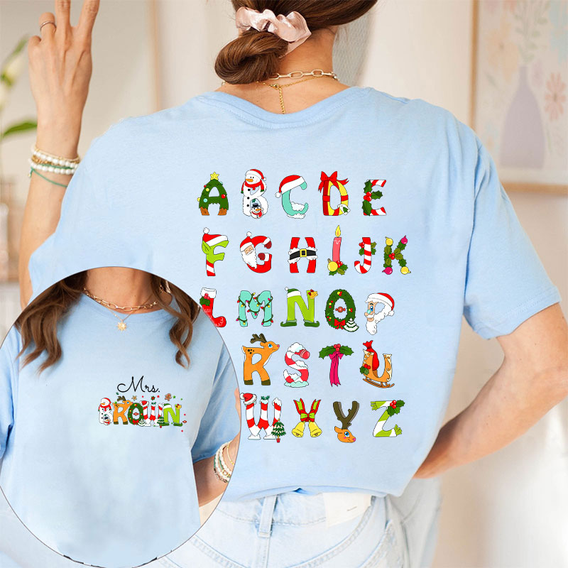 Personalized Name Christmas Alphabet Teacher Two Sided T-Shirt