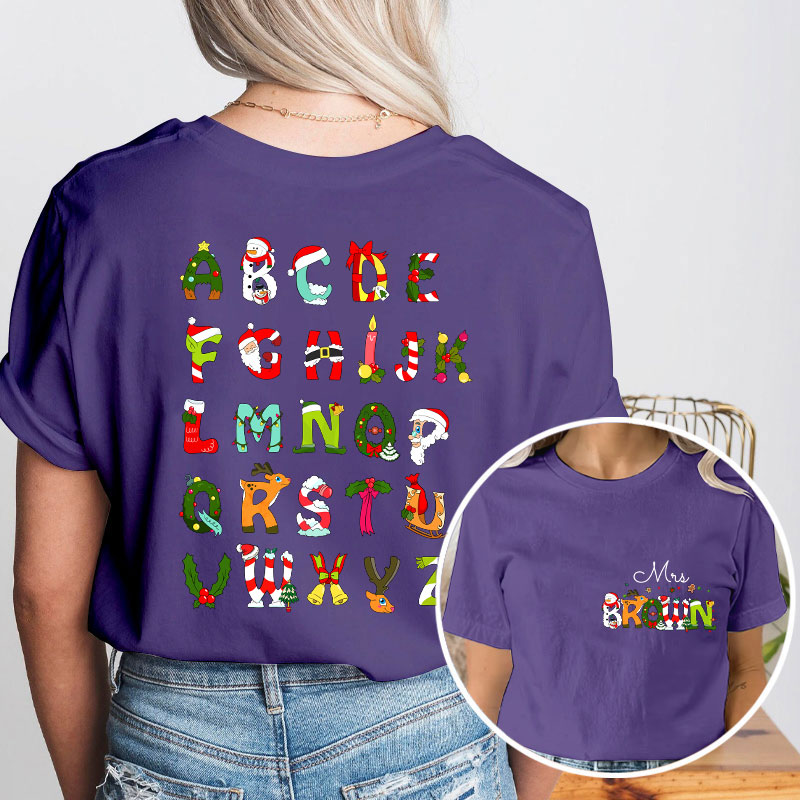 Personalized Name Christmas Alphabet Teacher Two Sided T-Shirt