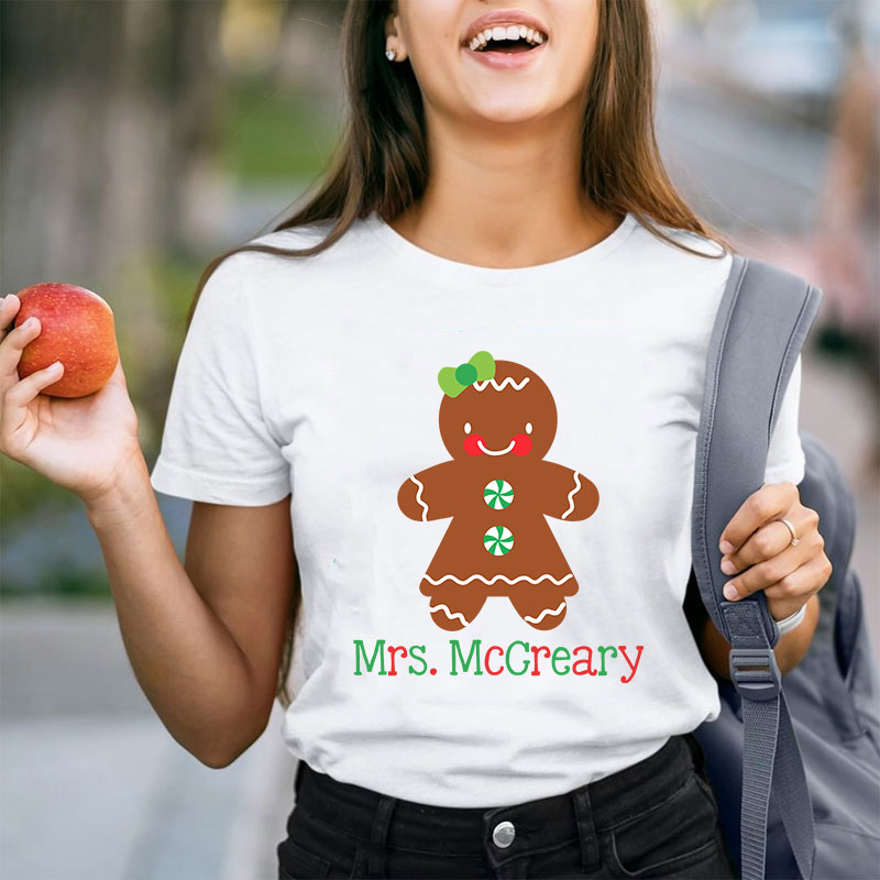 Personalized Name Cute Christmas Gingerbread Teacher T-Shirt