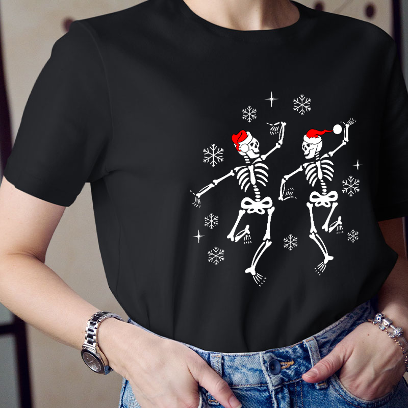 Dancing Skeleton With Santa Hat Teacher T-Shirt