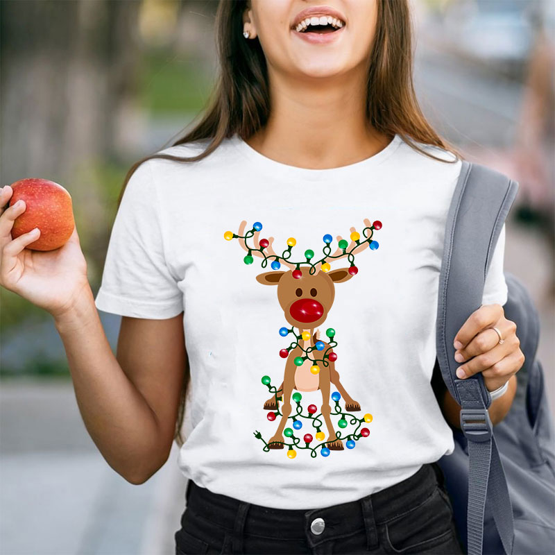 Elk Wrapped In Christmas Lights Teacher T-Shirt