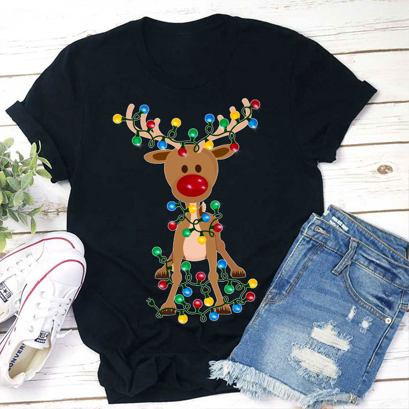 Elk Wrapped In Christmas Lights Teacher T-Shirt