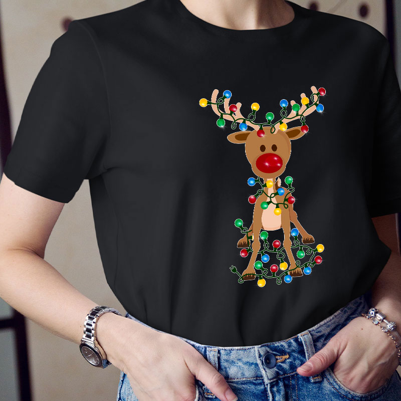 Elk Wrapped In Christmas Lights Teacher T-Shirt