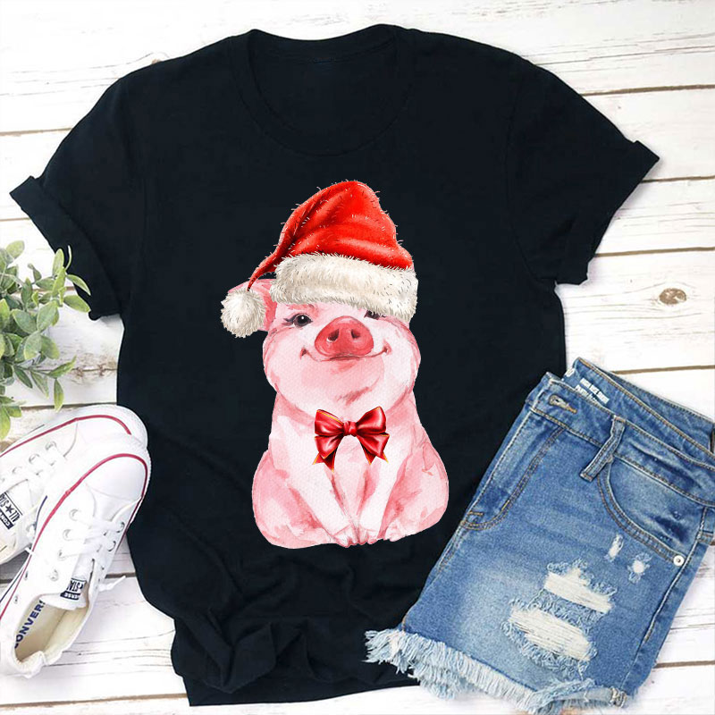 Cute Pig Wearing Christmas Hat Teacher T-Shirt