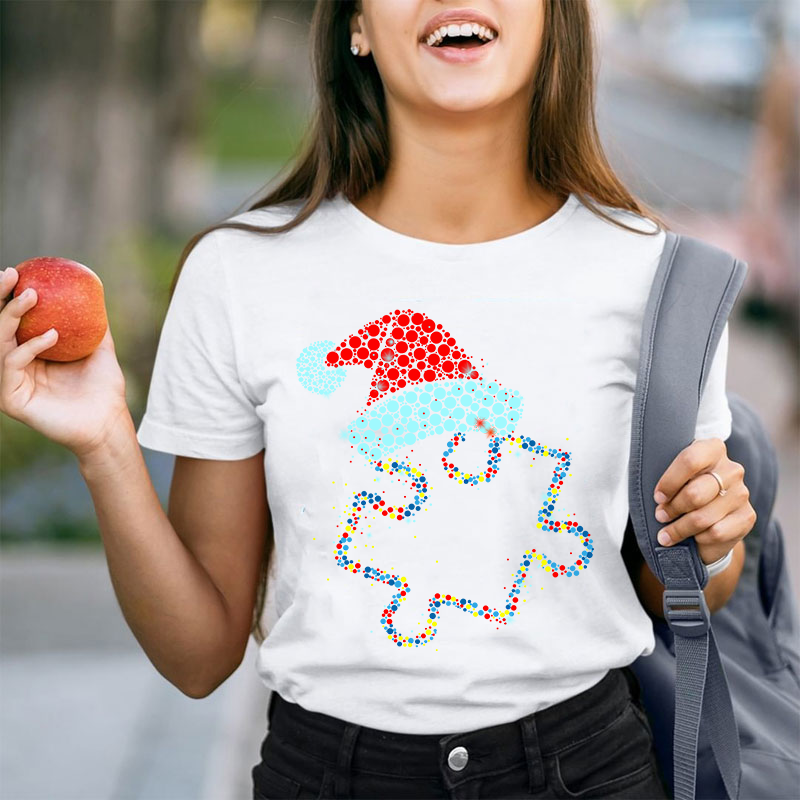 Colorful Puzzle Christmas Hat Teacher T-Shirt