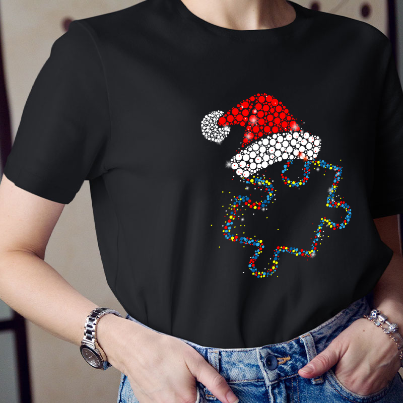 Colorful Puzzle Christmas Hat Teacher T-Shirt