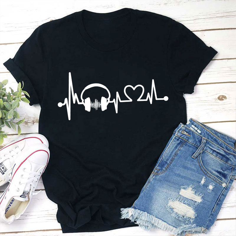 Music Headphones And Heartbeat Teacher T-Shirt