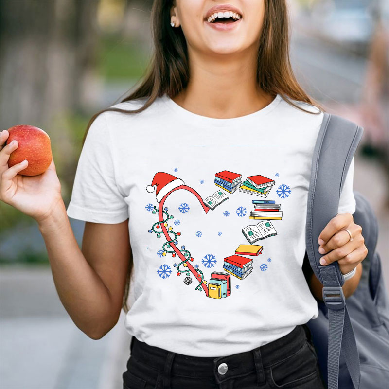 Book Heart Christmas Lights Teacher T-Shirt