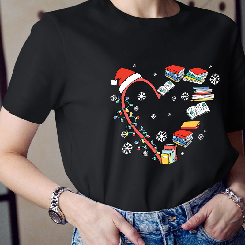 Book Heart Christmas Lights Teacher T-Shirt