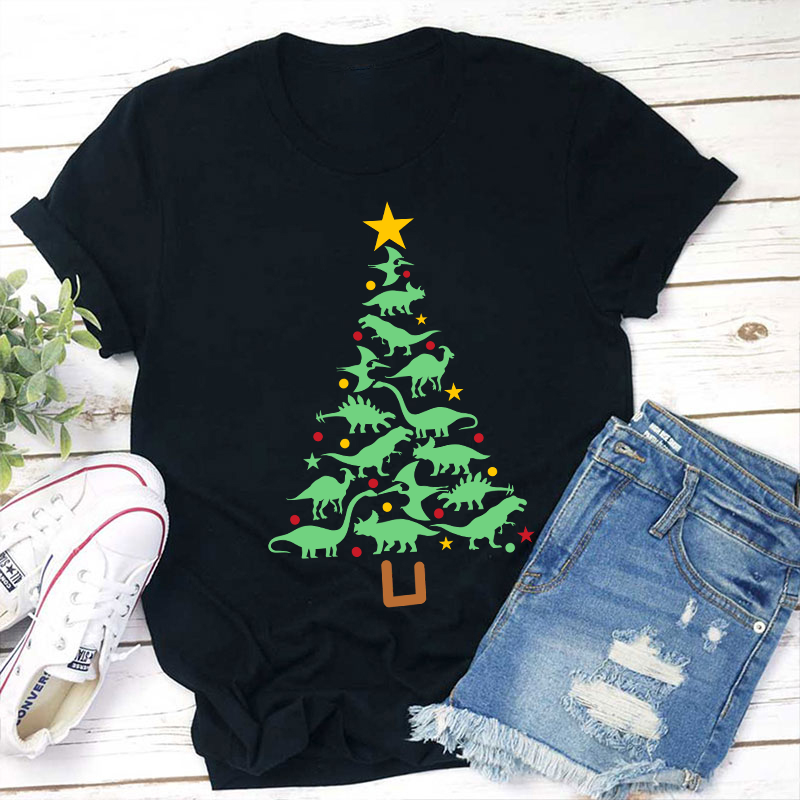 Dinosaur Chirstmas Tree Teacher T-Shirt