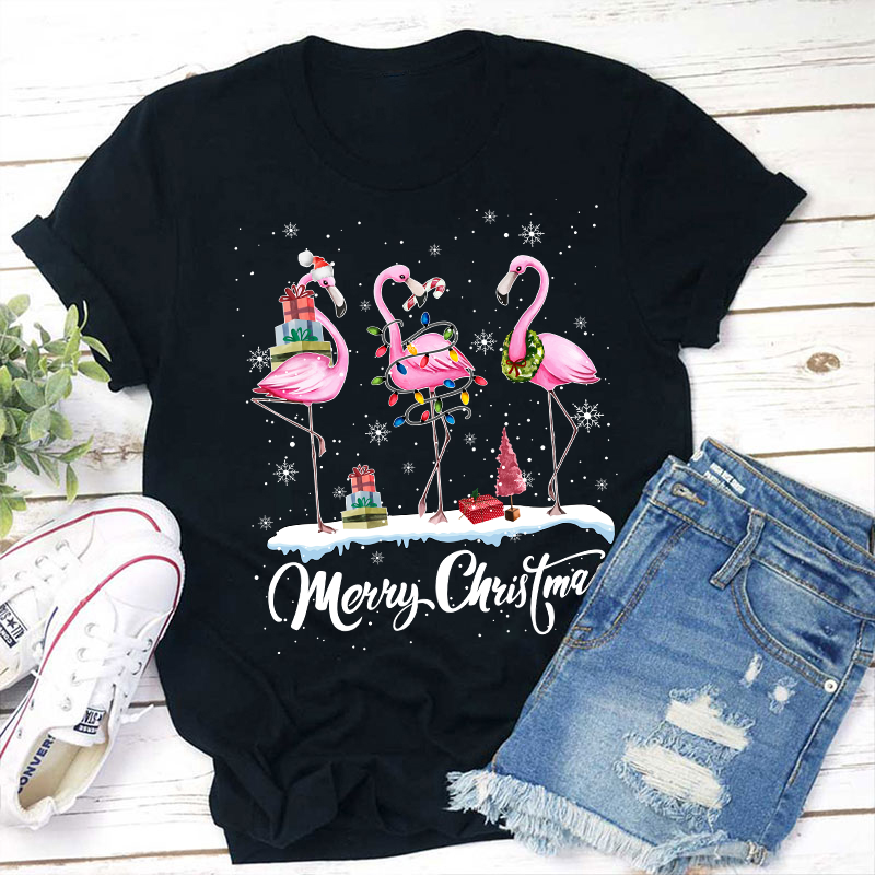 Pink Flamingo Merry Christmas Teacher T-Shirt