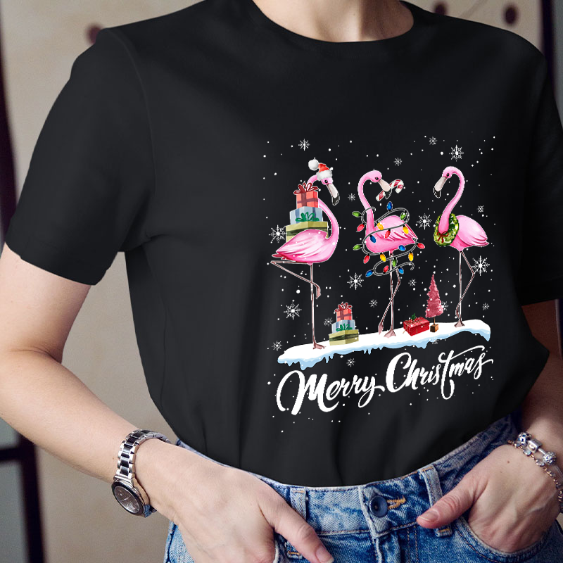 Pink Flamingo Merry Christmas Teacher T-Shirt