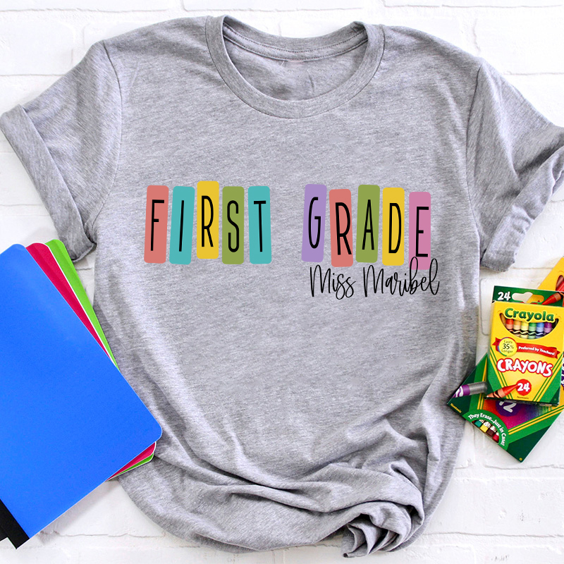 Personalized Macaron Color Grade And Name Teacher T-Shirt