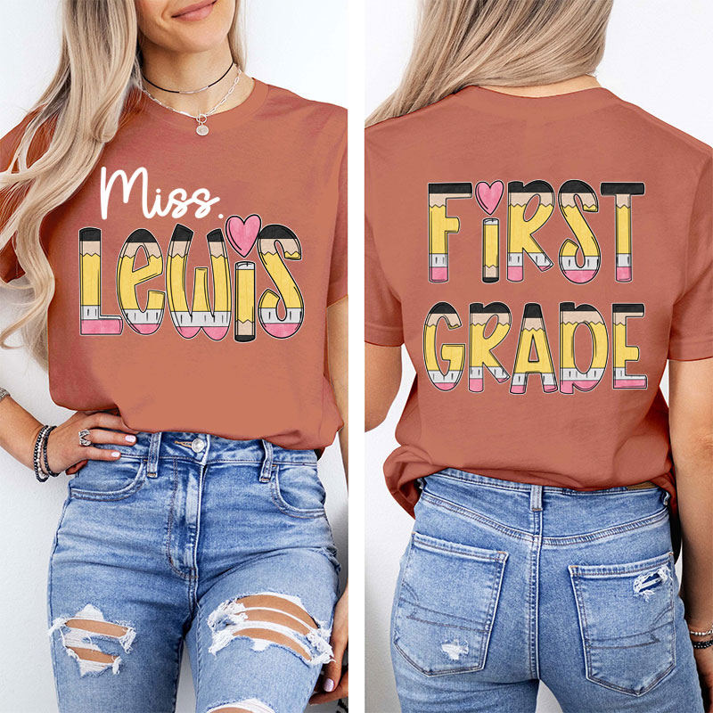 Personalized Teacher's Name And Grade Cartoon Pencil Font Design Teacher Two Sided T-Shirt