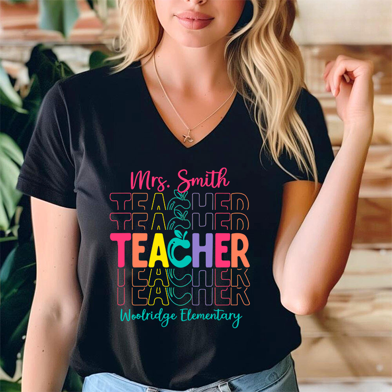 Personalized Colorful Apple Teacher Female V-Neck T-Shirt