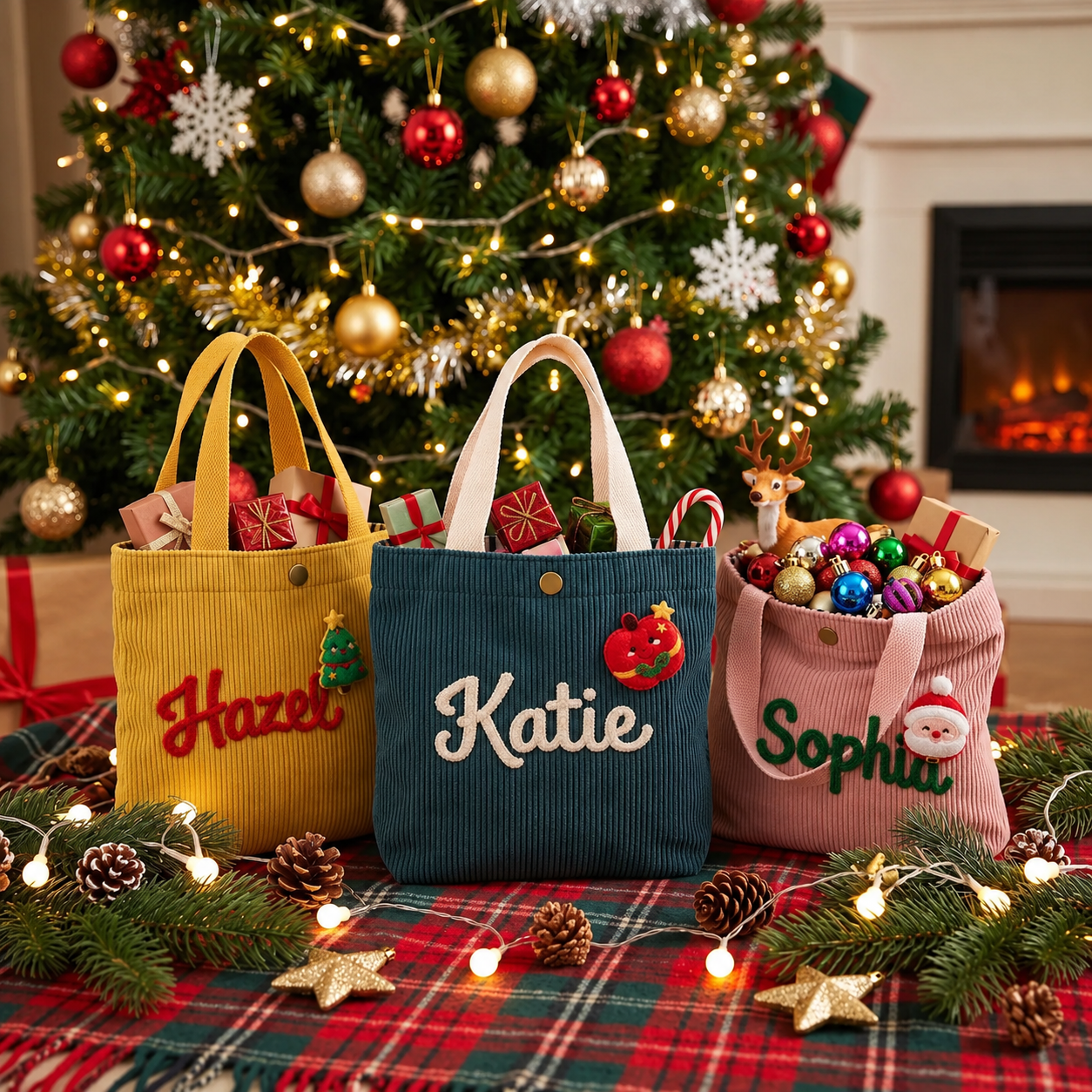 Personalized Name Chunky Yarn Embroidered Corduroy Teacher Chritmas Tote Bag