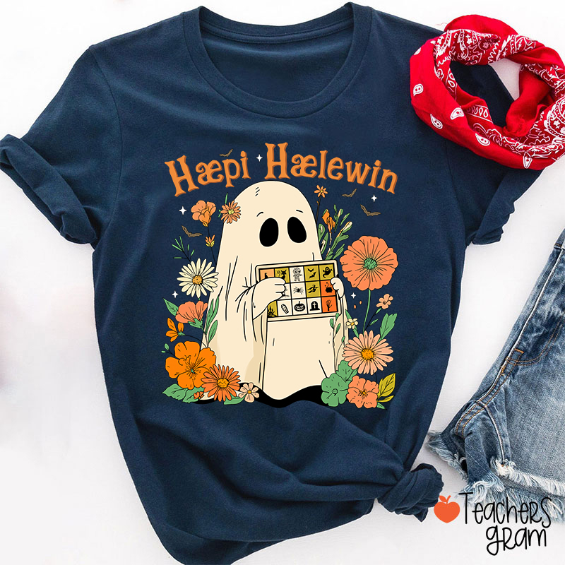 Happy Halloween Ghost With Floral Teacher T-Shirt