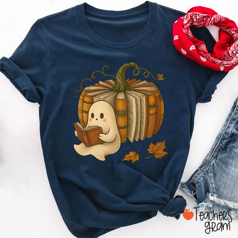 Ghost Reading Book Pumpkin Teacher T-Shirt