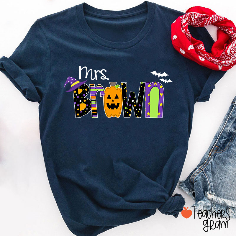 Personalized Name Pumpkin Halloween Teacher T-Shirt