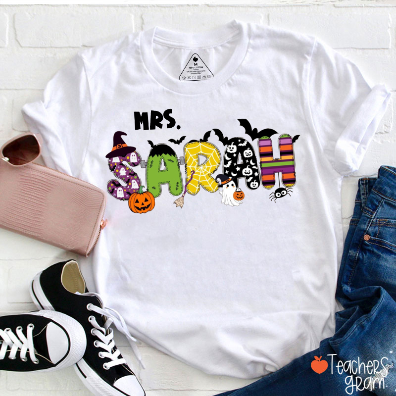Personalized Name Halloween Bat Pumpkin Ghost Teacher T-Shirt