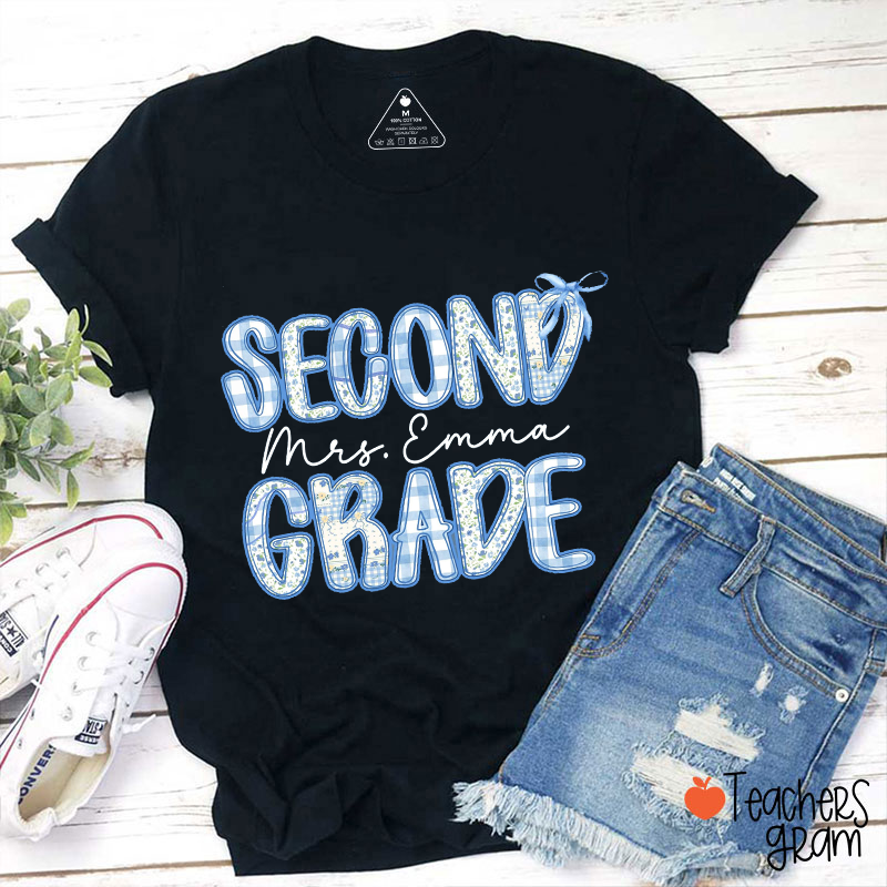 Personalized Grade And Name Blue Font Teacher T-Shirt