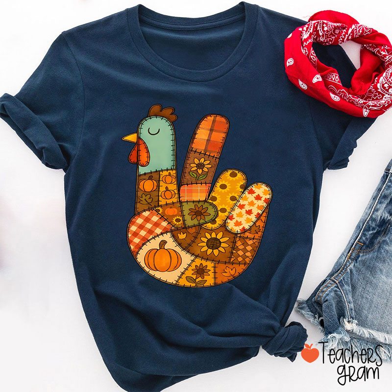 Retro Patchwork Turkey Teacher T-Shirt
