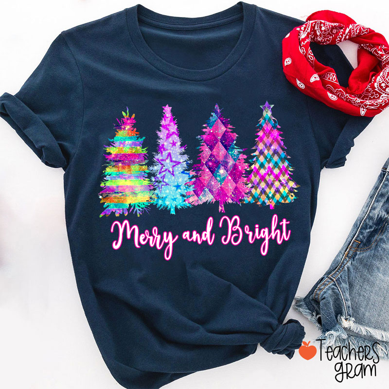 Merry And Bright Colorful Christmas Tree Teacher T-Shirt