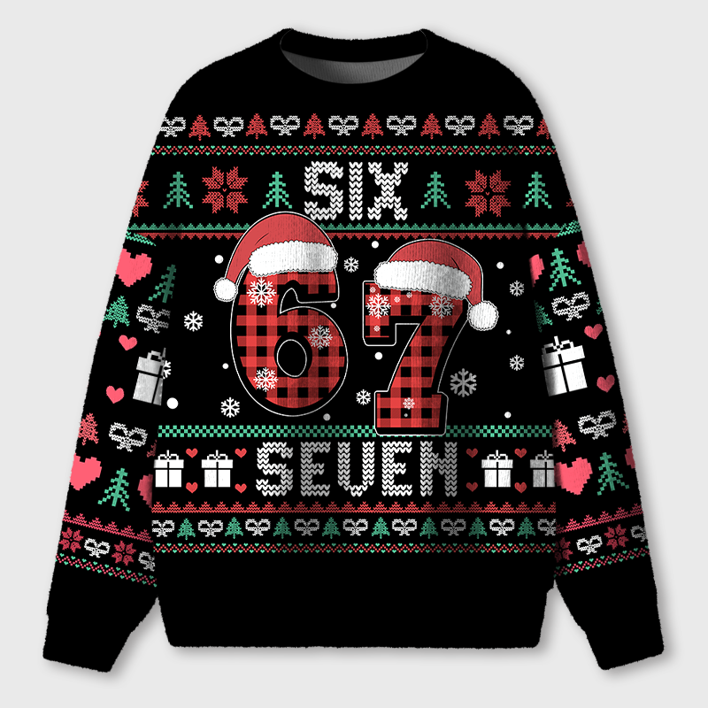 Six Seven Plaid Santa Hat Teacher Ugly Fluffy Christmas Sweater