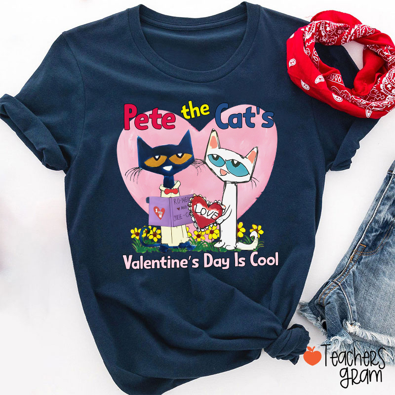 Blue And White Cat Valentine's Day Is Cool Teacher T-Shirt