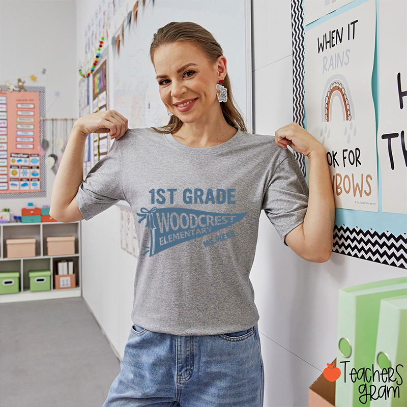 Personalized Grade And School Name Pennant Teacher T-Shirt