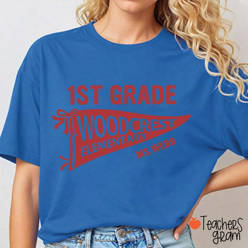 Personalized Grade And School Name Pennant Teacher T-Shirt