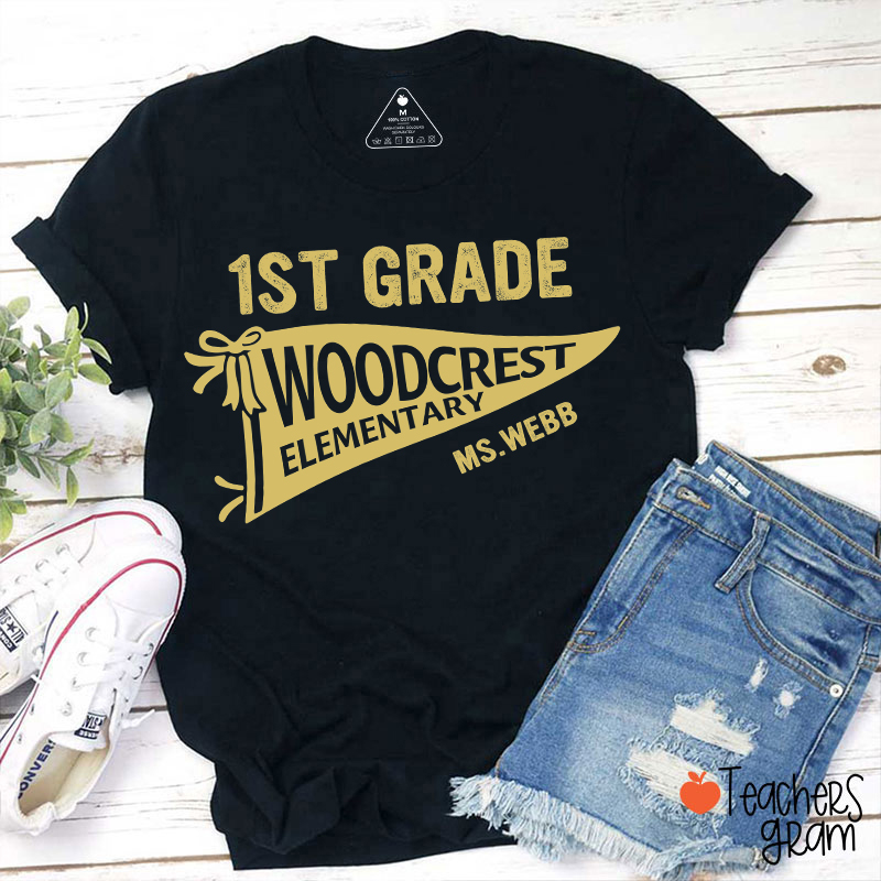 Personalized Grade And School Name Pennant Teacher T-Shirt