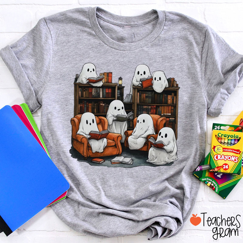 Cute Halloween Ghost Reading Book Teacher T-Shirt