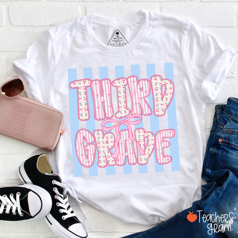 Personalized Grade Pink Striped Cherry Letter Ribbon Bow Teacher T-Shirt
