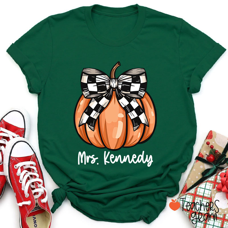 Personalized Name Pumpkin Bow Teacher T-Shirt