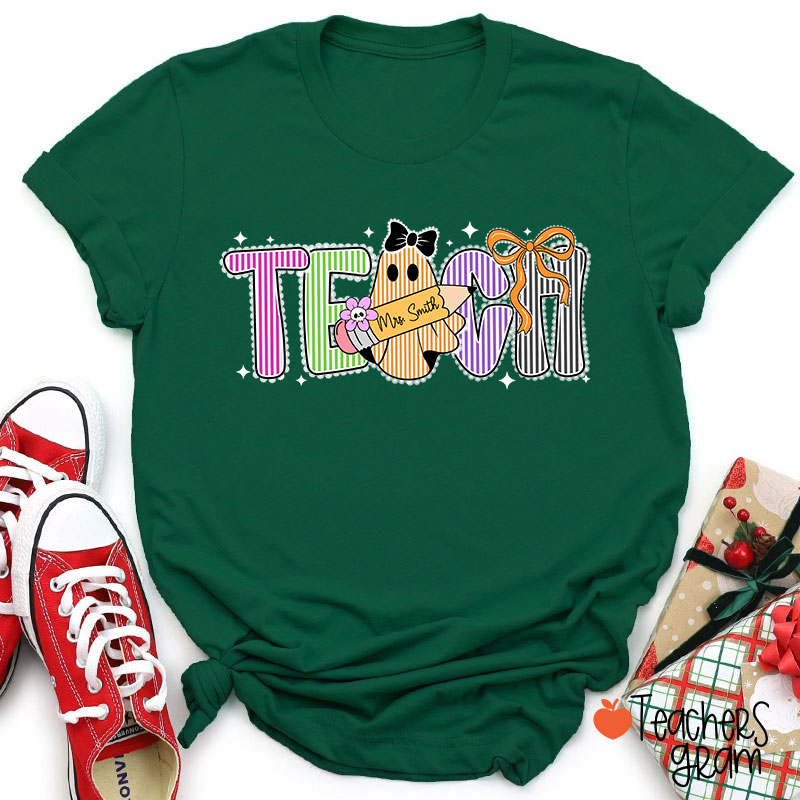 Personalized Name Preppy Teach Boo Ghost Coquette Teacher T-Shirt