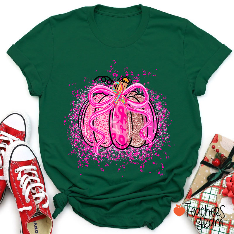 Pumpkin Theme Pink Ribbon Teacher T-Shirt