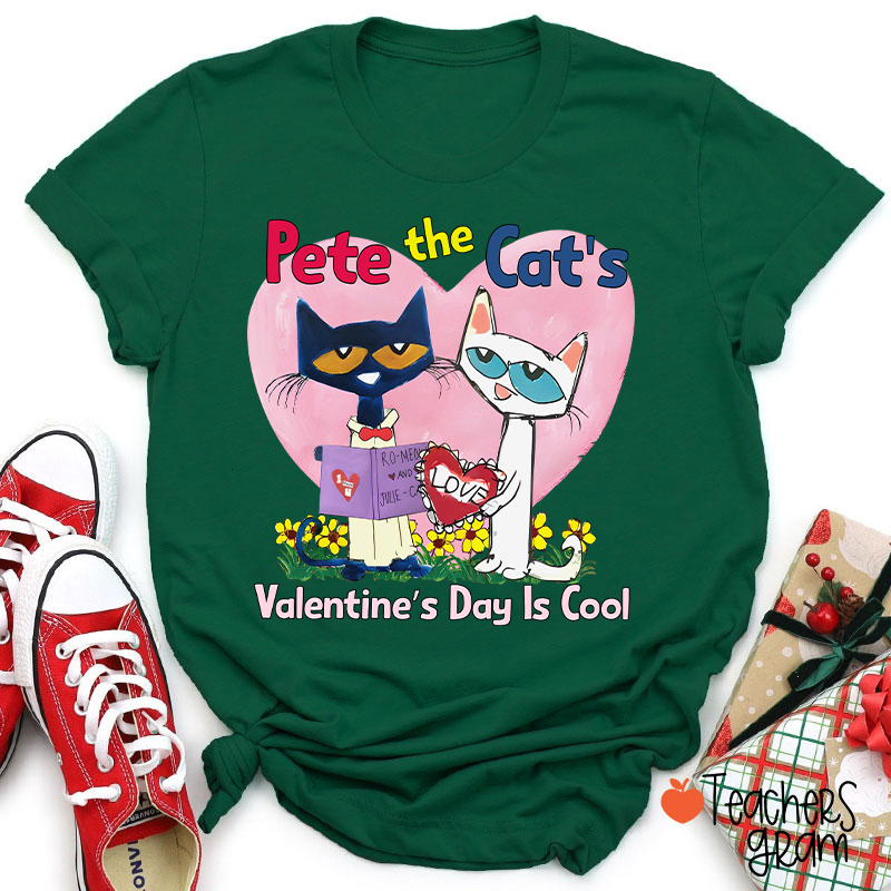 Blue And White Cat Valentine's Day Is Cool Teacher T-Shirt