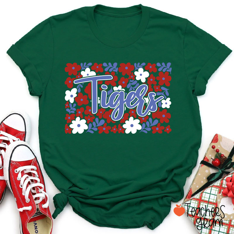 Personalized Mascot Flowers Contrasting Colors School Spirit Teacher T-Shirt