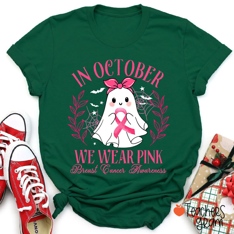 Halloween Ghost Breast Cancer Awareness Teacher T-Shirt