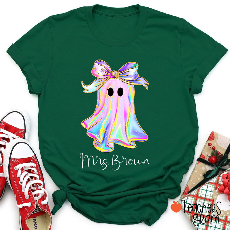 Personalized Name Colorful Neon Bow Ghost Teacher T-Shirt