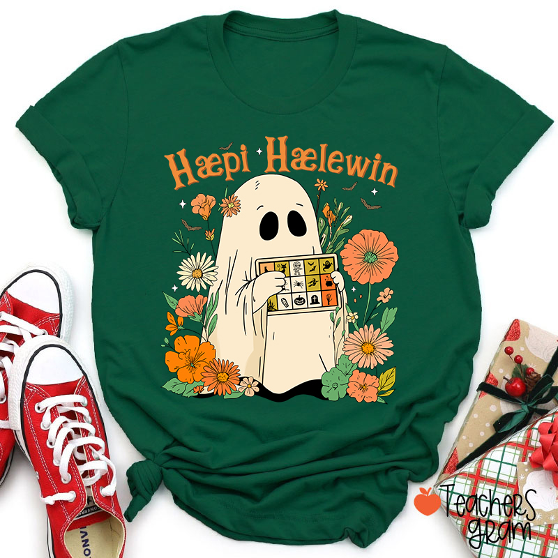 Happy Halloween Ghost With Floral Teacher T-Shirt